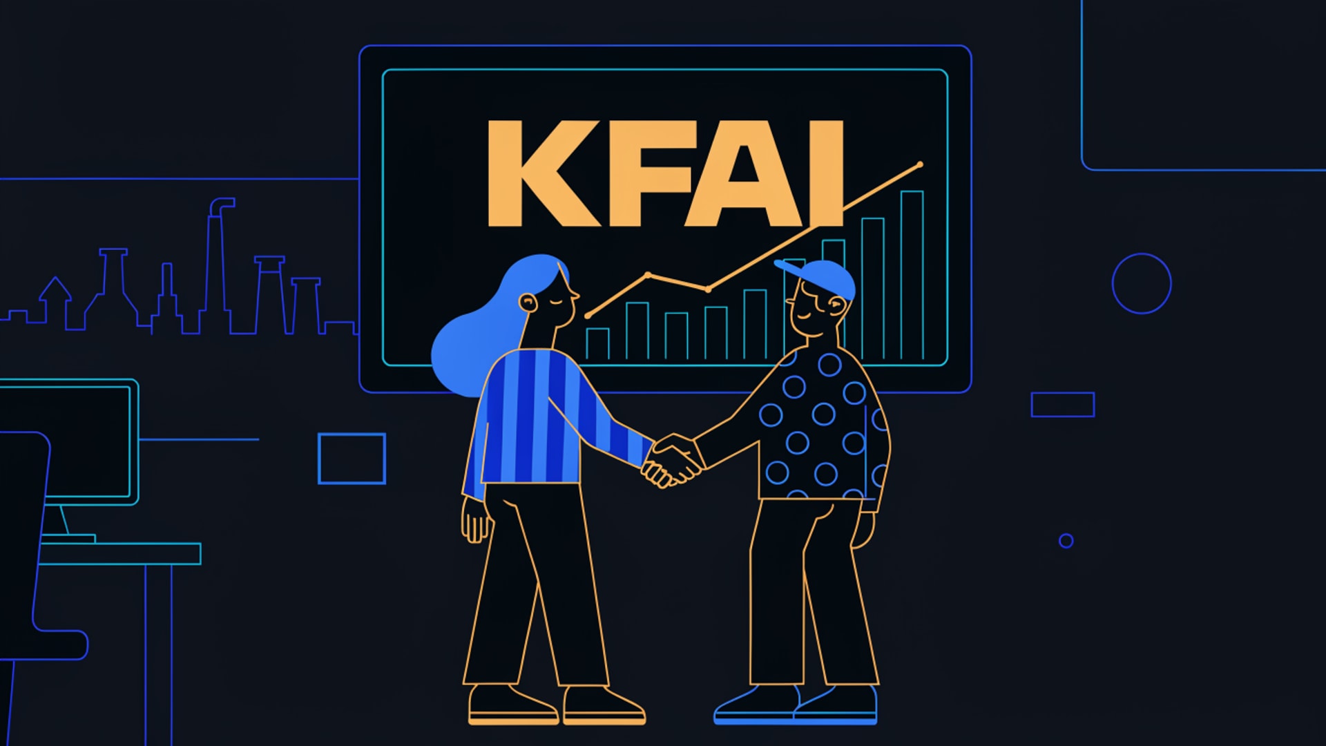 Illustration of three leaders weighing a KFAI dashboard in a machine hall.