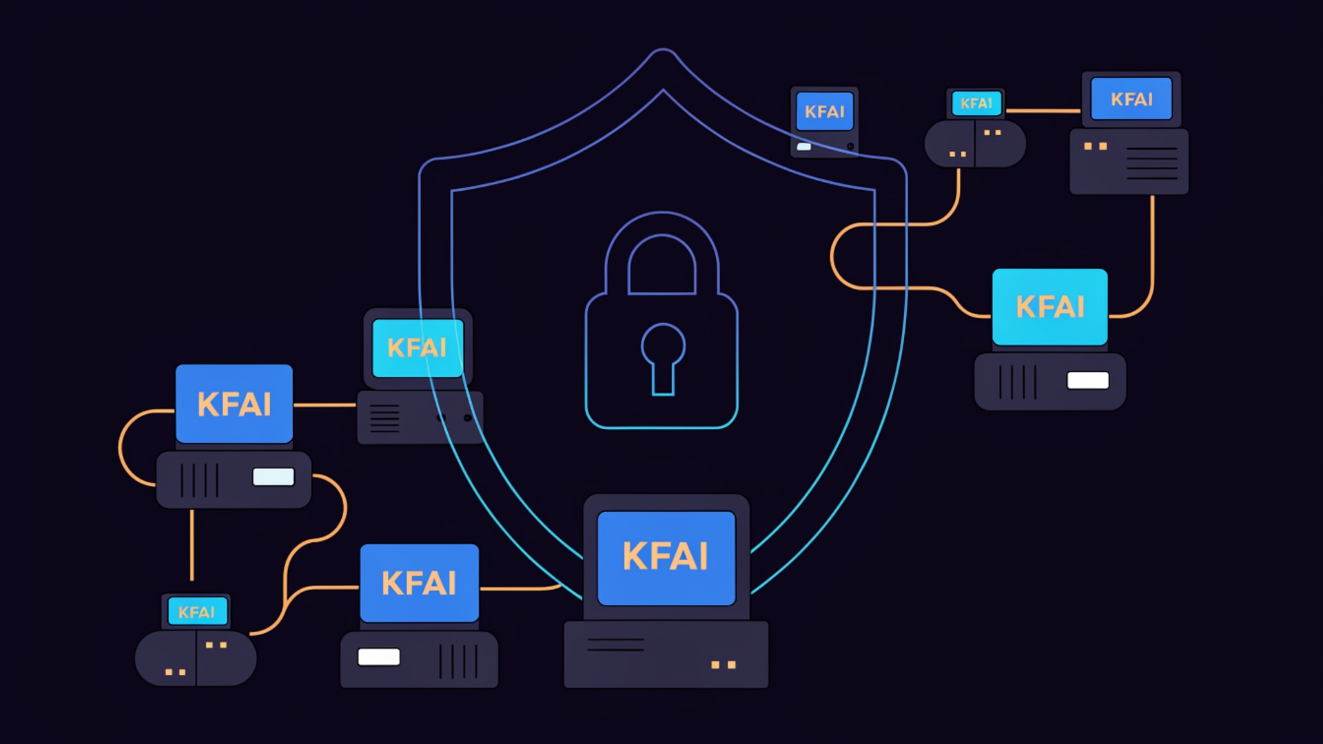 Illustration of a KFAI-protected production line - engineers at a threat wall beside machines marked security active.