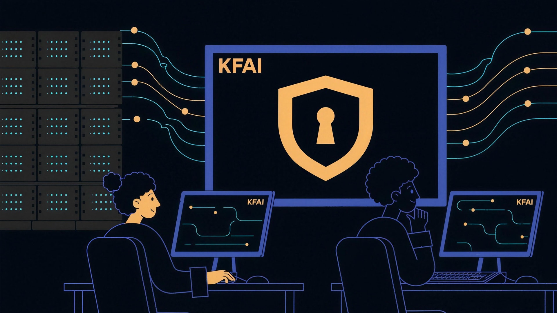 Illustration of the KFAI security operations room - analysts at monitors around a shield emblem.