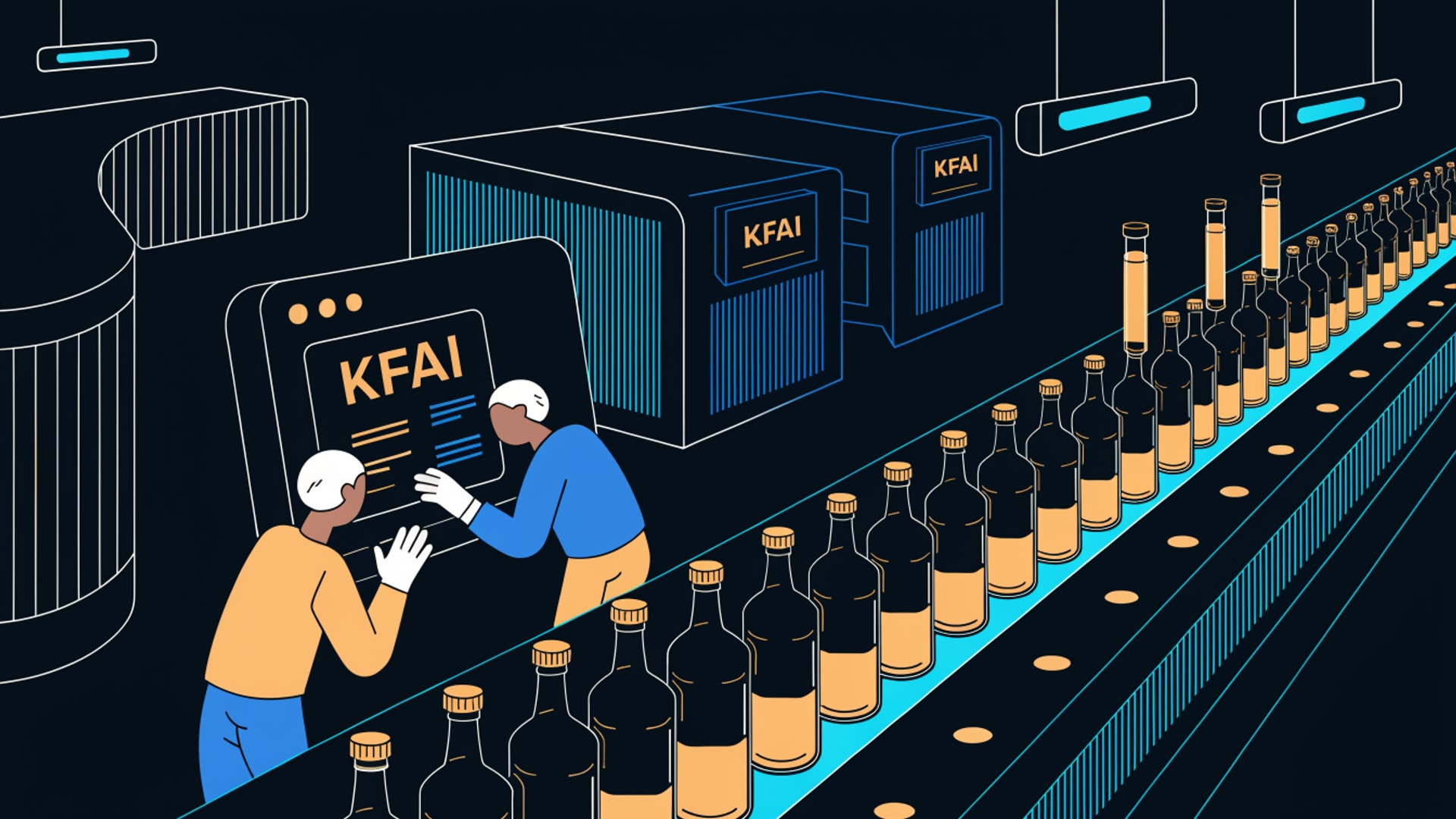 Illustration of a bottling line on a lit conveyor - two operators reviewing a KFAI panel.