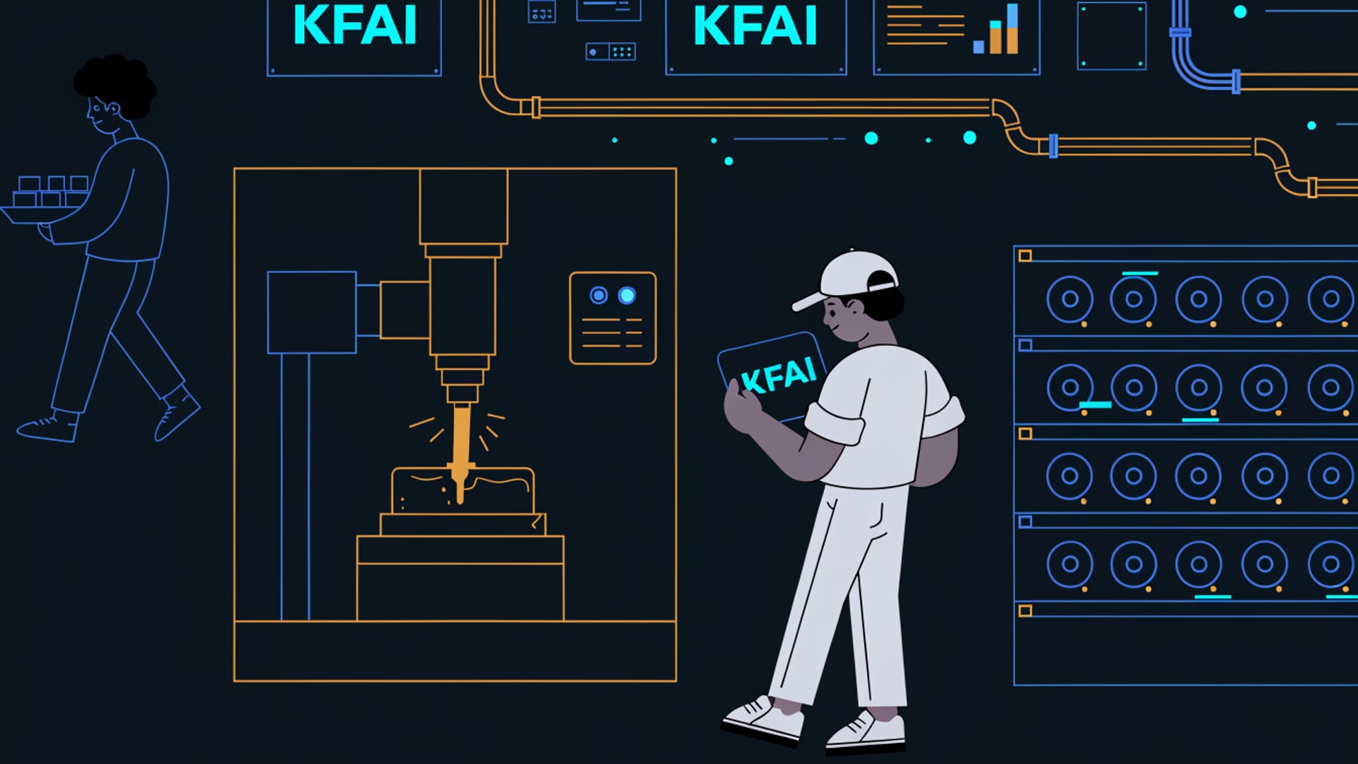 Illustration of a CNC cell mid-cut with amber sparks - a machinist checking a KFAI tablet.