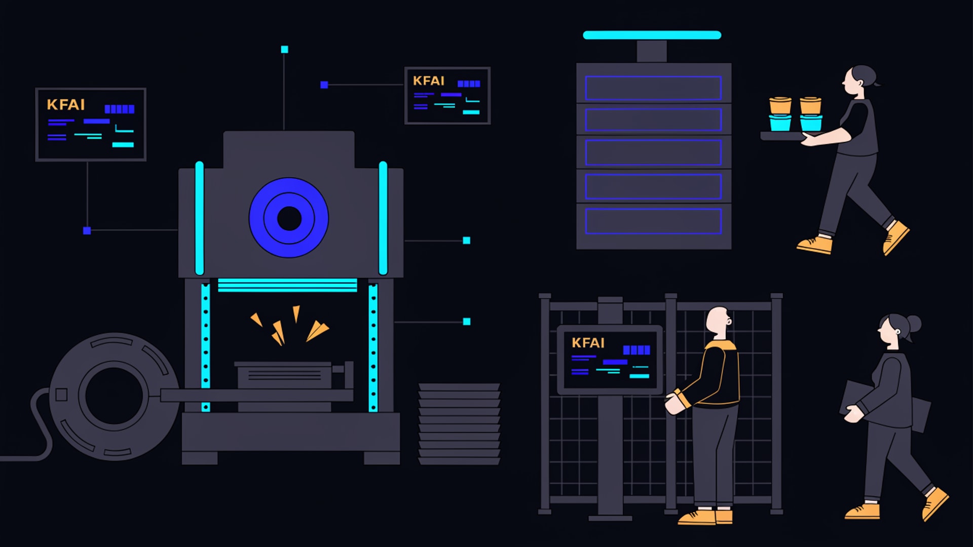 Illustration of a KFAI walkthrough - a presenter at a wall screen in an automated robotic hall.